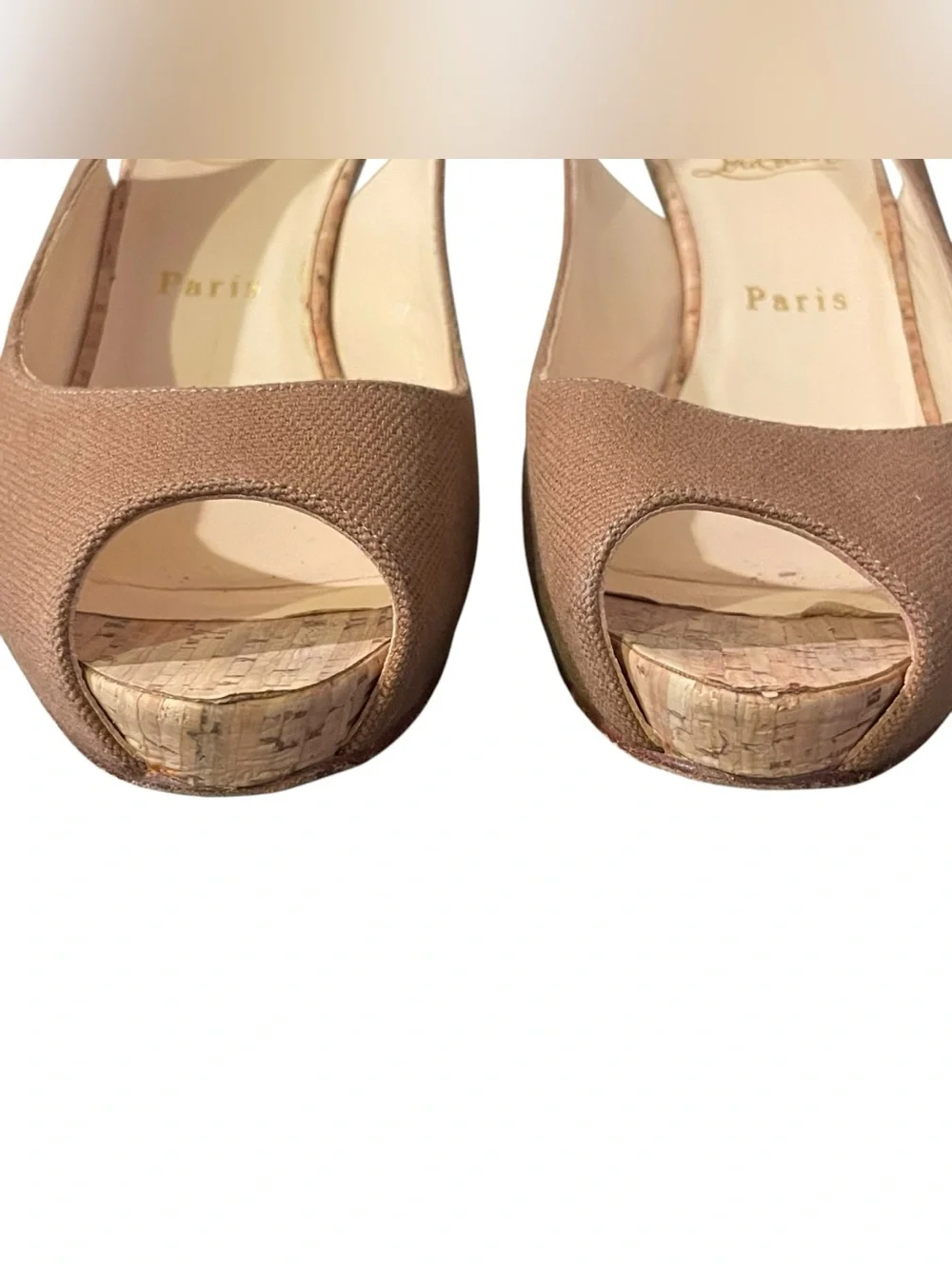 Christian Louboutin Peep Toe Slingback Heels Brown Cork Red Sole Women Size 38 8